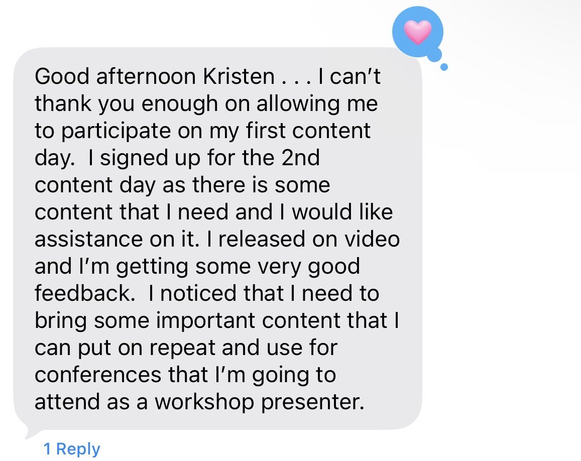 Text message from a client who signed up for a second content day after releasing video and getting good feedback, and who plans to use the content at conferences as a workshop presenter