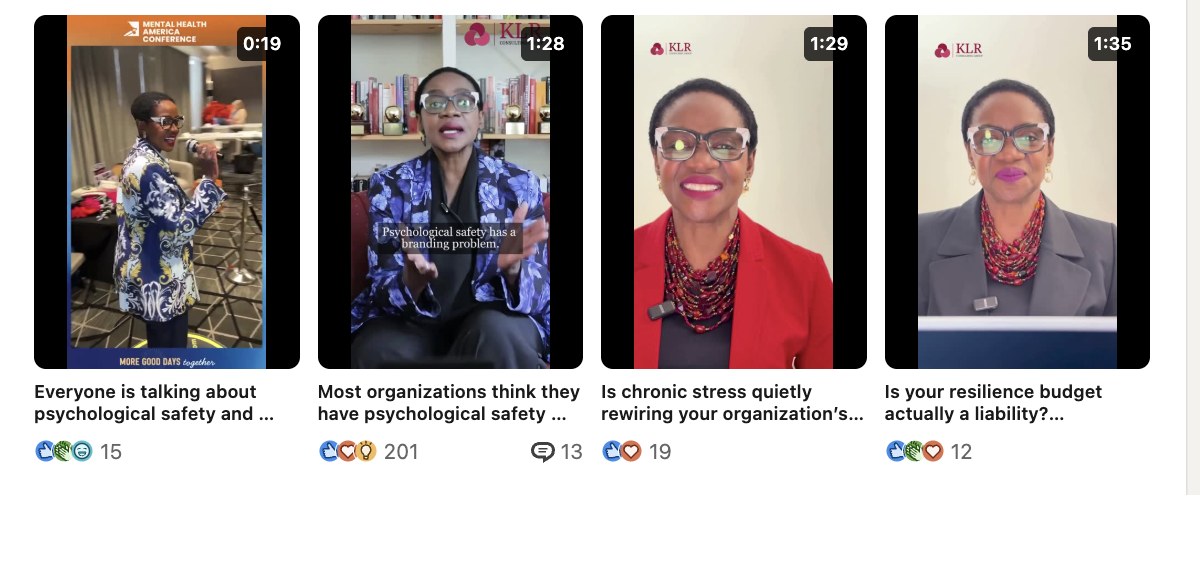 Dr. Kedi's LinkedIn videos tab: the VTB-created psychological safety video shows 201 reactions and 13 comments, while her other videos show 12 to 31 reactions